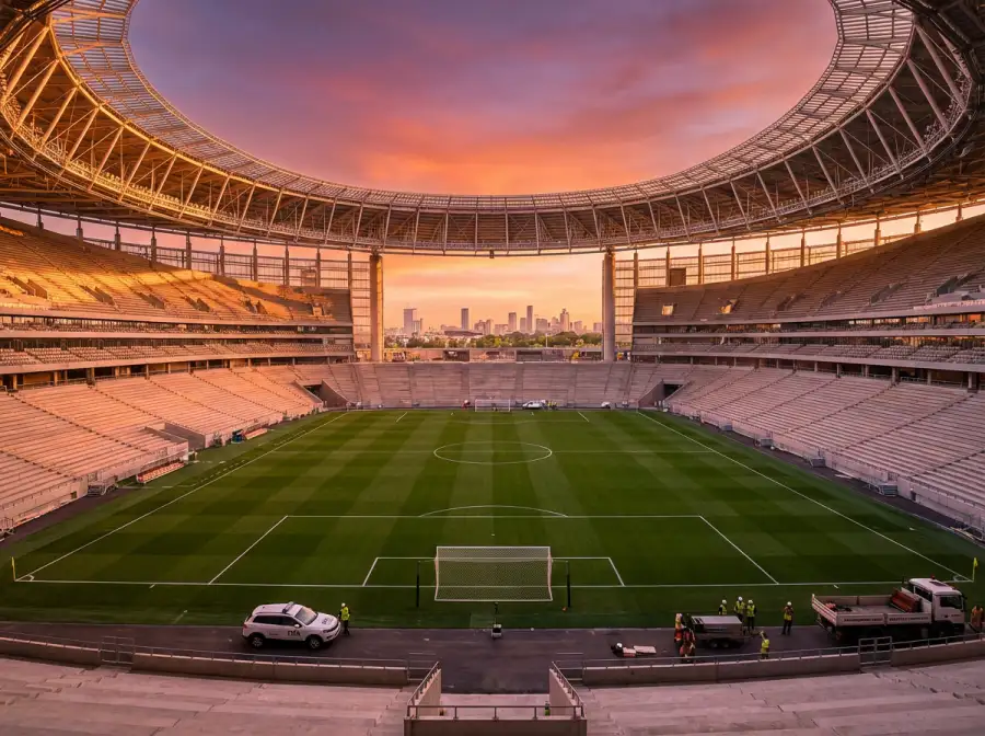 Grosses Stadion mit Anzeigetafel und Fussballfans bei einem internationalen Turnierspiel