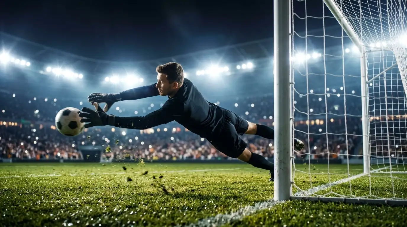 Ein Torhüter wirft sich in der Verlängerung nach einem Ball, Flutlicht spiegelt sich auf dem Rasen